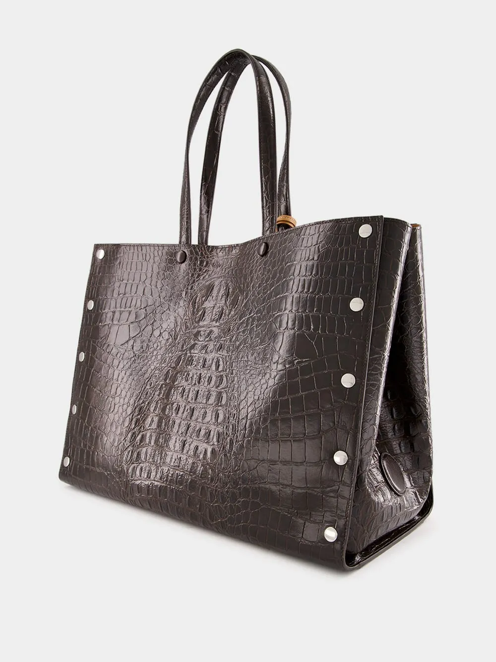 Coffee Brown Studs Large Croc-Embossed Tote Bag