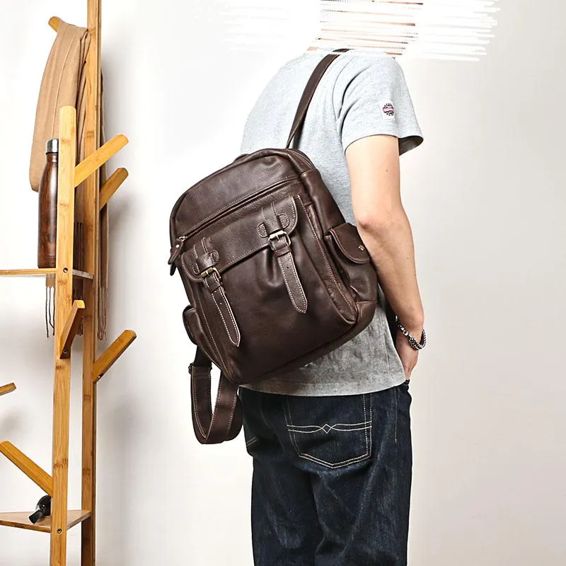 Coffee Cool Leather Mens School Backpack College Backpack 14'' Computer Backpack For Men