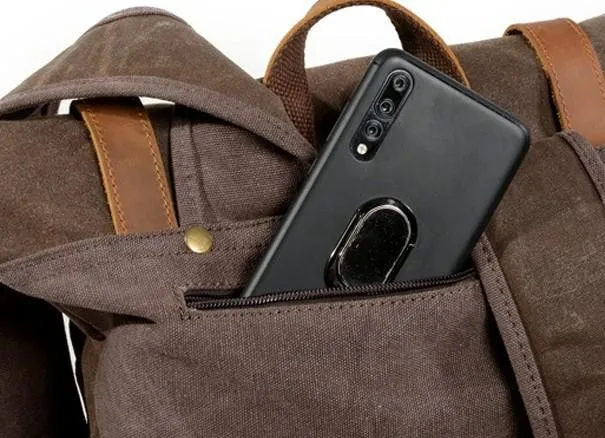 Coffee Waxed Canvas Leather Mens Cool Backpack Canvas Travel Backpack Canvas School Backpack for Men