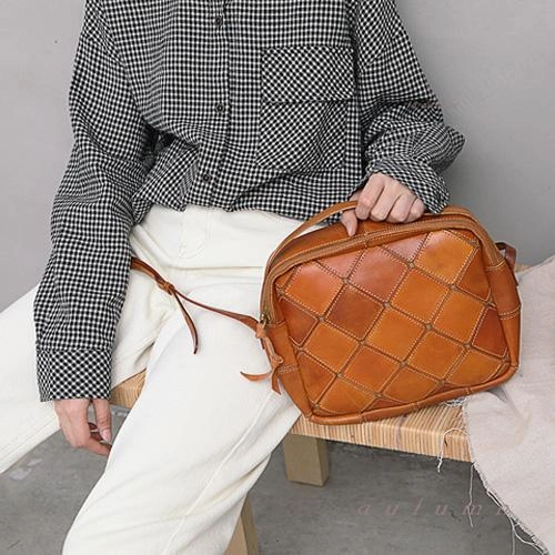Coffee Mosaic Womens Genuine Leather Shoulder Bag Handbag Bag Vintage Side Bag for Ladies