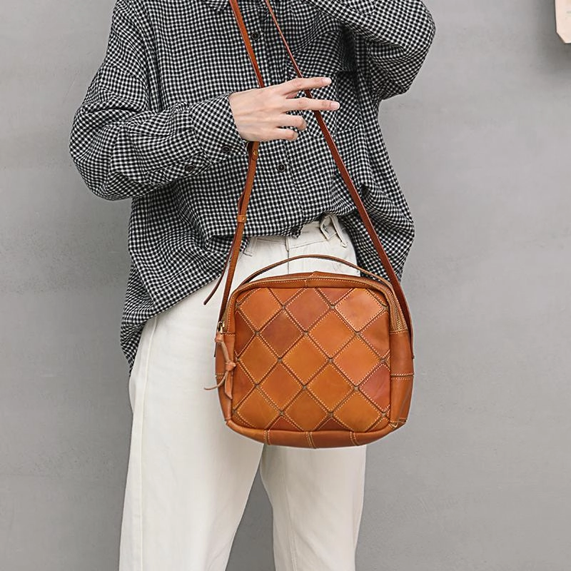 Coffee Mosaic Womens Genuine Leather Shoulder Bag Handbag Bag Vintage Side Bag for Ladies