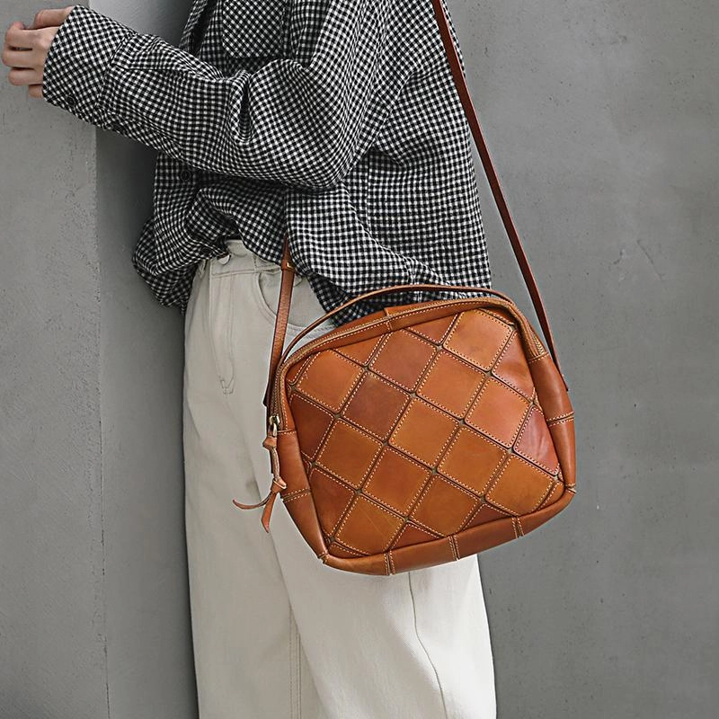 Coffee Mosaic Womens Genuine Leather Shoulder Bag Handbag Bag Vintage Side Bag for Ladies
