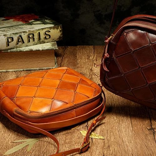 Coffee Mosaic Womens Genuine Leather Shoulder Bag Handbag Bag Vintage Side Bag for Ladies
