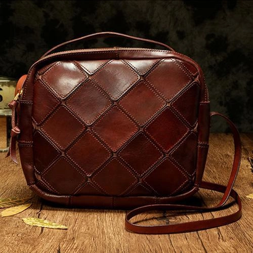 Coffee Mosaic Womens Genuine Leather Shoulder Bag Handbag Bag Vintage Side Bag for Ladies