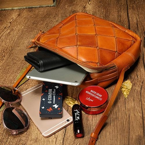 Coffee Mosaic Womens Genuine Leather Shoulder Bag Handbag Bag Vintage Side Bag for Ladies