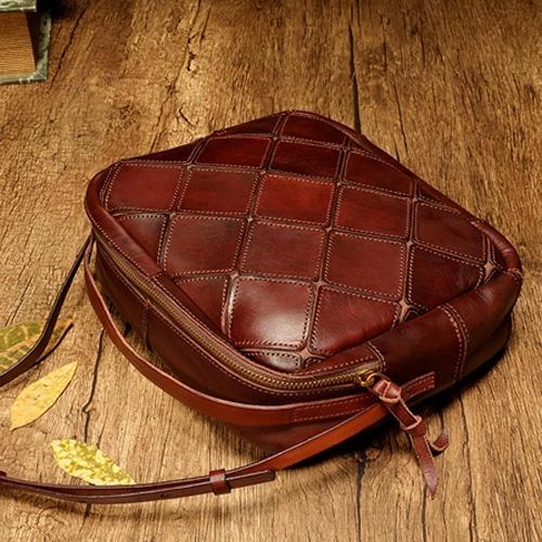 Coffee Mosaic Womens Genuine Leather Shoulder Bag Handbag Bag Vintage Side Bag for Ladies