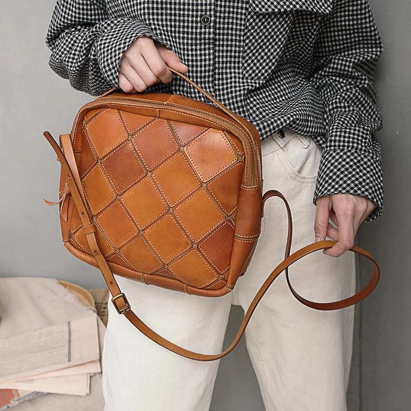 Coffee Mosaic Womens Genuine Leather Shoulder Bag Handbag Bag Vintage Side Bag for Ladies