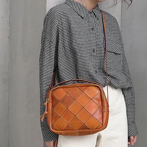 Coffee Mosaic Womens Genuine Leather Shoulder Bag Handbag Bag Vintage Side Bag for Ladies