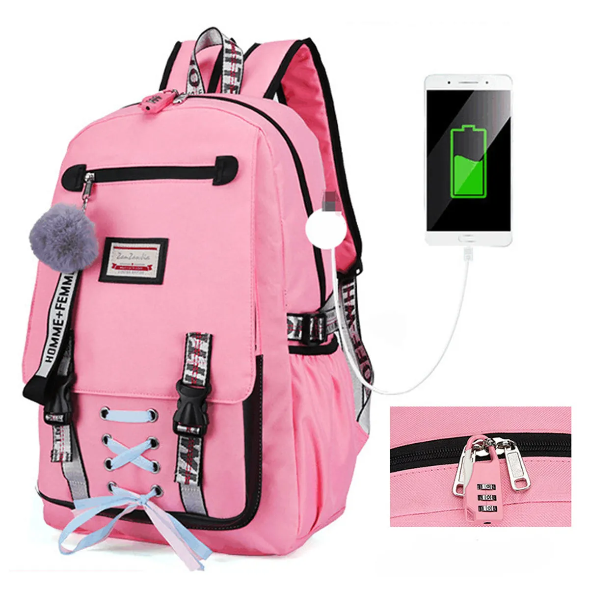College Student Locked Schoolbag Anti-Theft Backpack with USB Charging Port