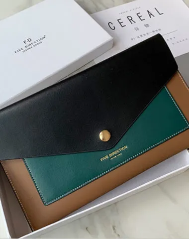CONTRAST COLOR Khaki Envelope Leather Womens Slim Clutch Purse Checkbook Long Wallet for Women