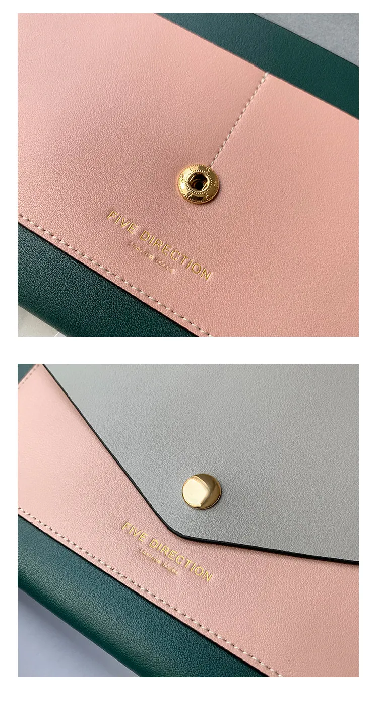 CONTRAST COLOR Khaki Envelope Leather Womens Slim Clutch Purse Checkbook Long Wallet for Women