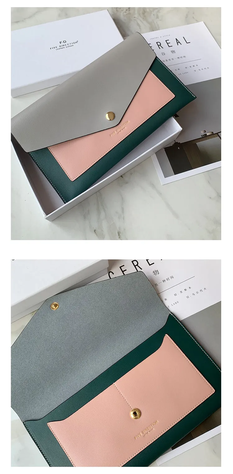 CONTRAST COLOR Khaki Envelope Leather Womens Slim Clutch Purse Checkbook Long Wallet for Women