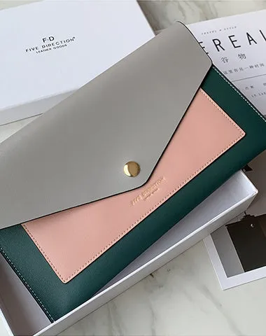 CONTRAST COLOR Khaki Envelope Leather Womens Slim Clutch Purse Checkbook Long Wallet for Women