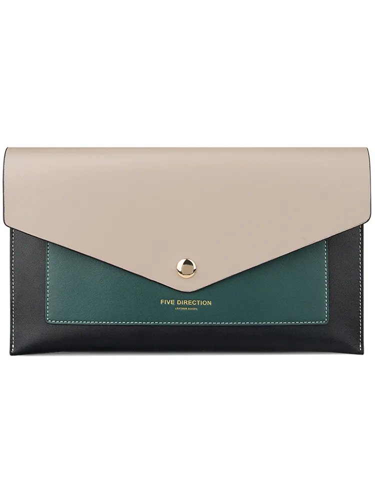 CONTRAST COLOR Khaki Envelope Leather Womens Slim Clutch Purse Checkbook Long Wallet for Women