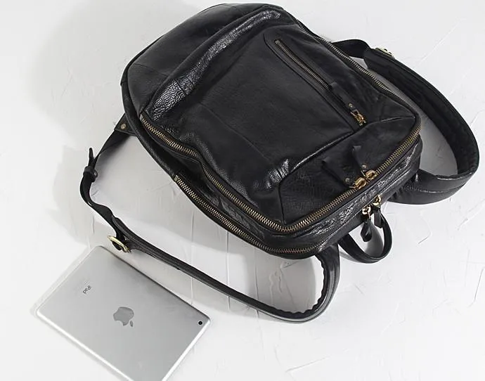 Cool Black Genuine Leather Mens Backpack Large Travel Backpack Hiking Backpack for men