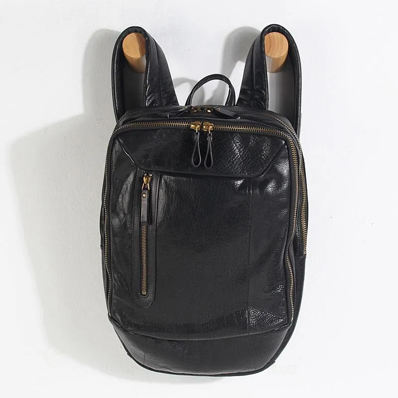 Cool Black Genuine Leather Mens Backpack Large Travel Backpack Hiking Backpack for men