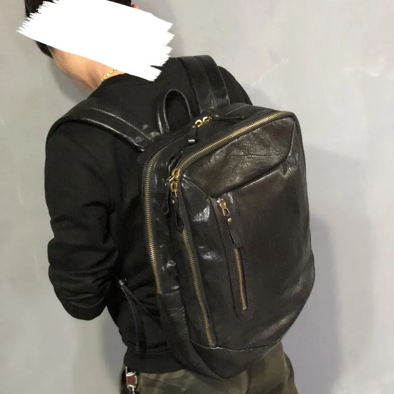 Cool Black Genuine Leather Mens Backpack Large Travel Backpack Hiking Backpack for men