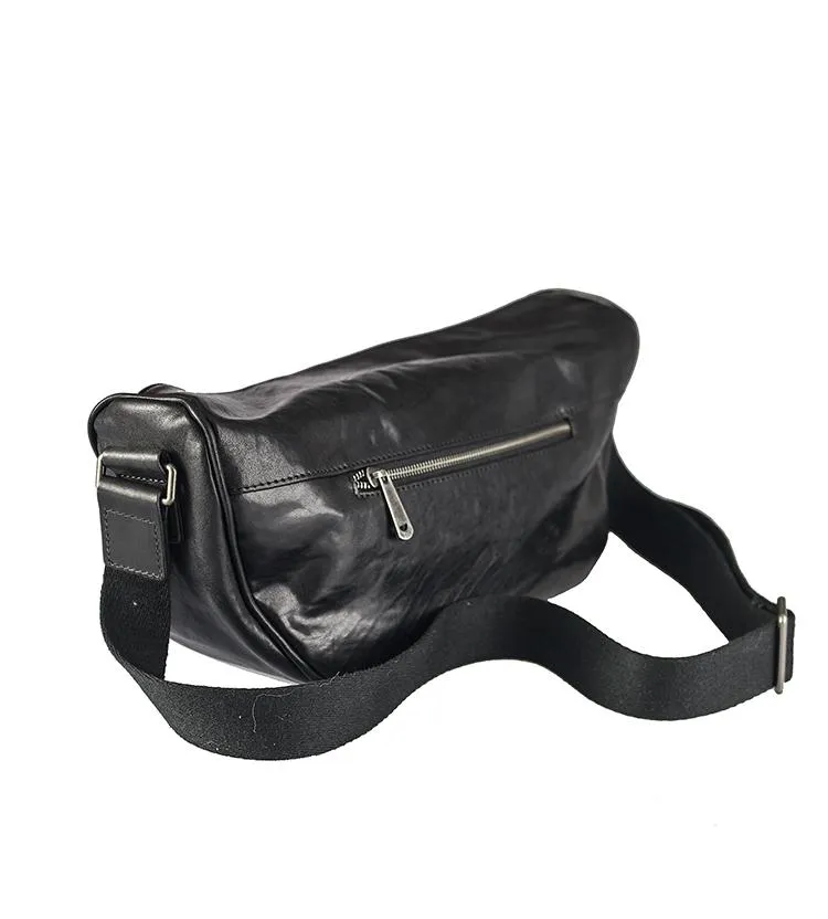 Cool Black Leather Men Chest Bag Large Sling Bag One Shoulder Backpack Sling Packs For Men