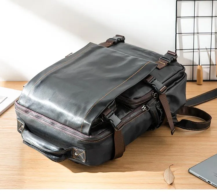 Cool Black Leather Mens 13-inch Computer Backpacks Business Black Travel Backpacks College Backpack for men