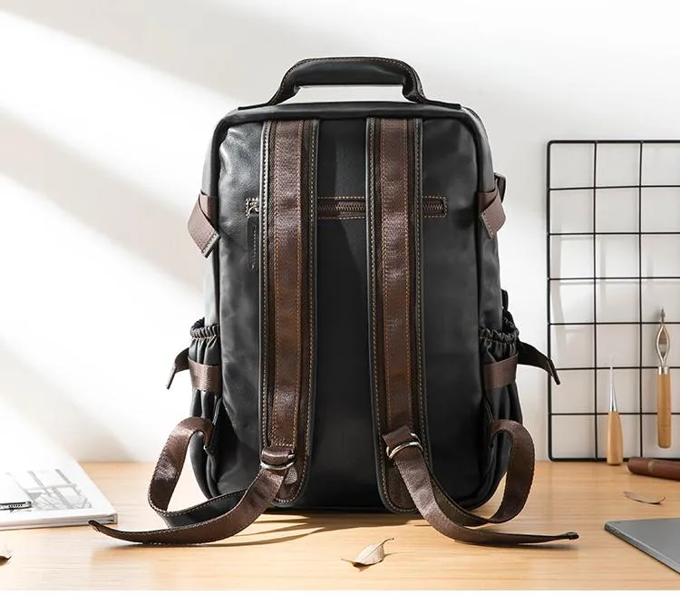 Cool Black Leather Mens 13-inch Computer Backpacks Business Black Travel Backpacks College Backpack for men