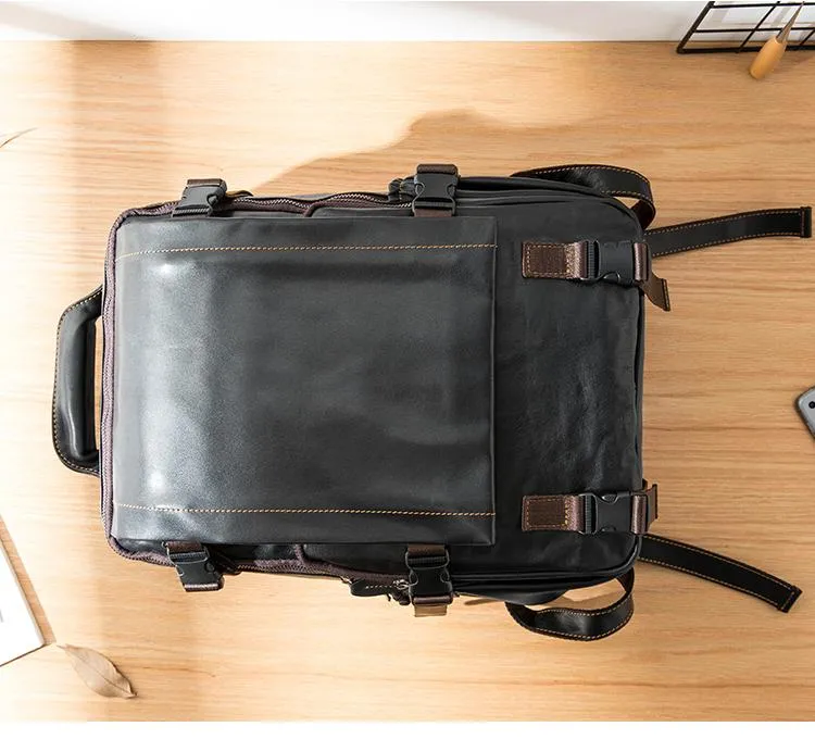 Cool Black Leather Mens 13-inch Computer Backpacks Business Black Travel Backpacks College Backpack for men