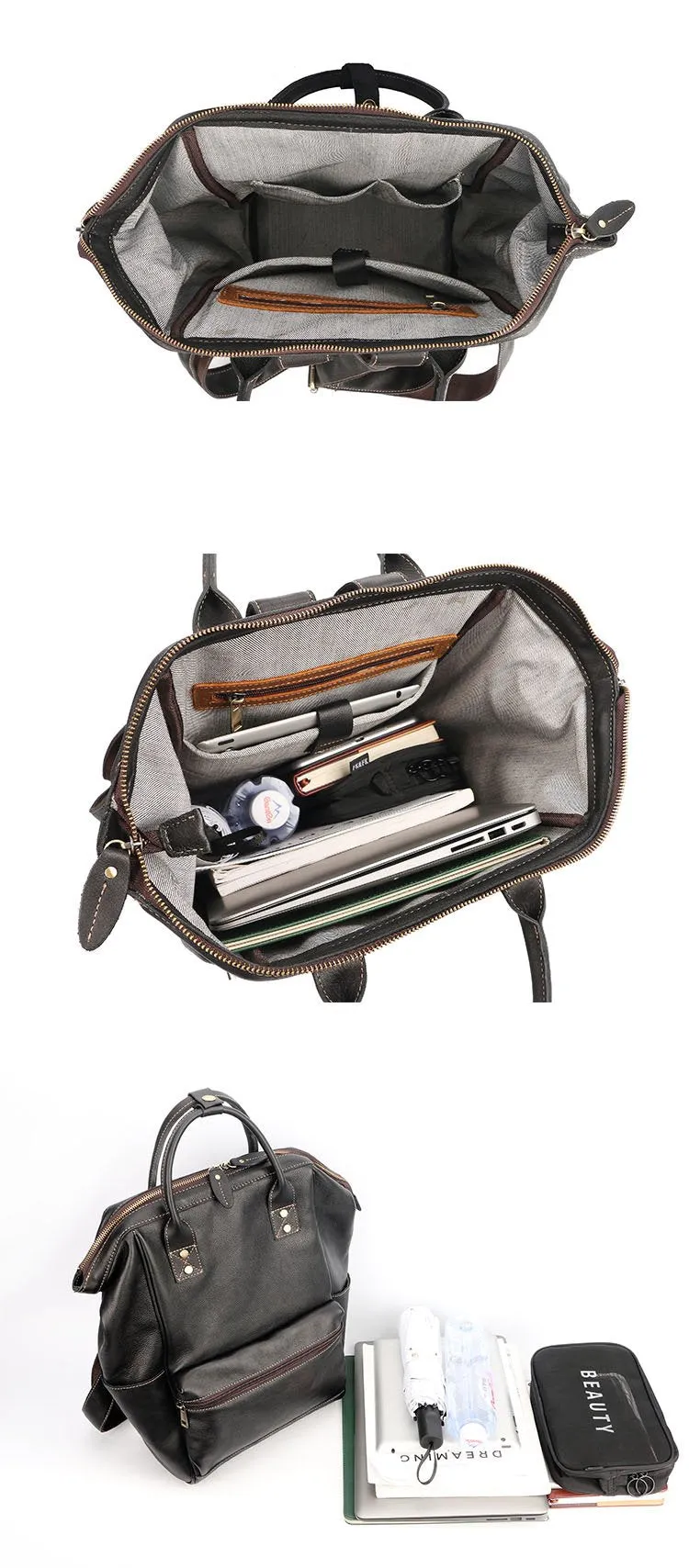 Cool Black Leather Mens Travel Backpack Work Handbag Briefcase Work Backpack For Men