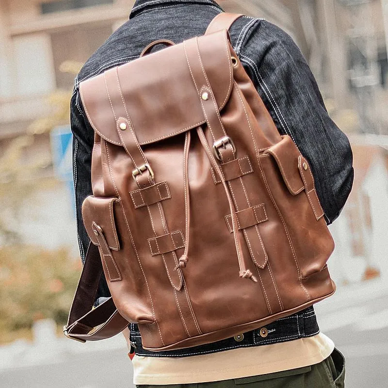 Cool Black Leather Mens Travel Large Backpack Work Handbag 16 inches Work Backpack For Men