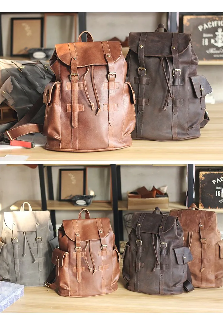 Cool Black Leather Mens Travel Large Backpack Work Handbag 16 inches Work Backpack For Men