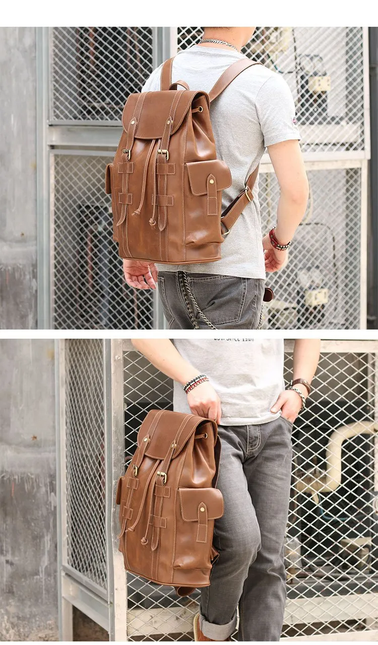 Cool Black Leather Mens Travel Large Backpack Work Handbag 16 inches Work Backpack For Men