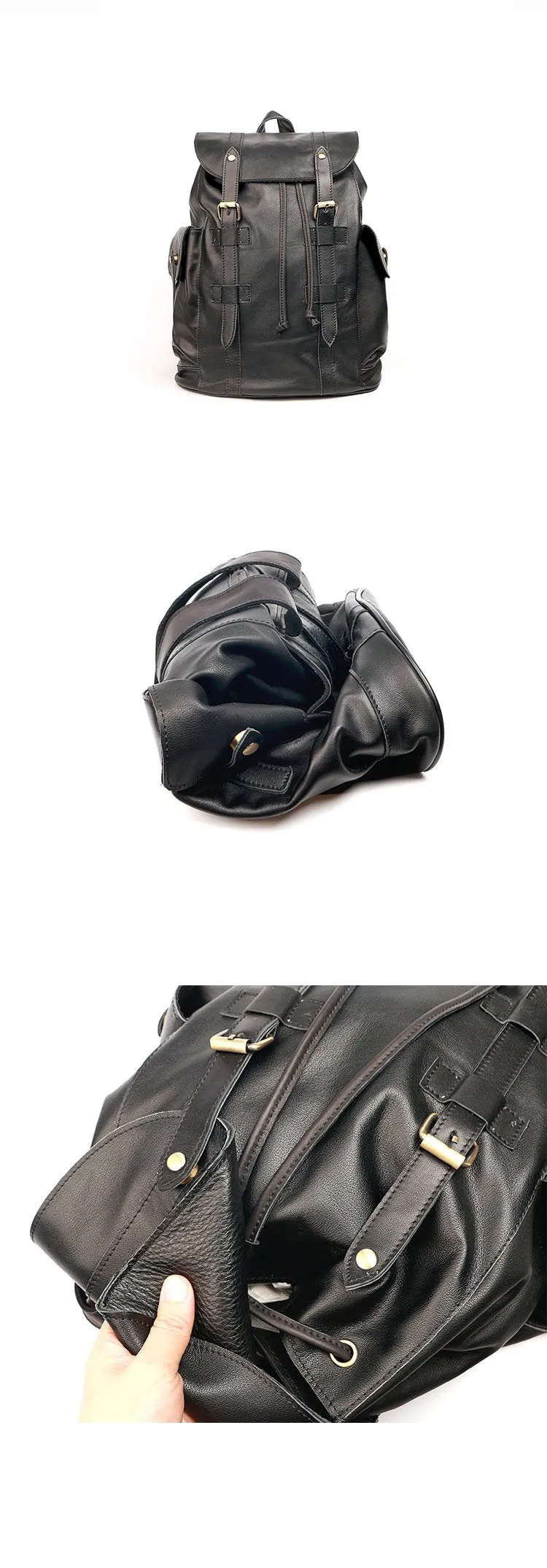 Cool Black Leather Mens Travel Large Backpack Work Handbag 16 inches Work Backpack For Men