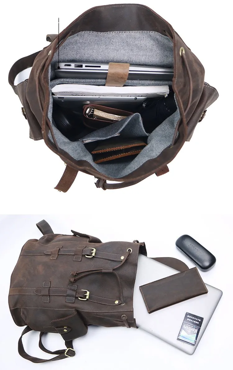 Cool Black Leather Mens Travel Large Backpack Work Handbag 16 inches Work Backpack For Men