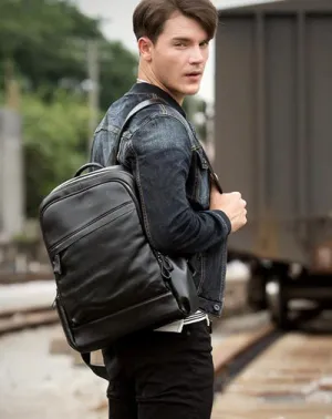 Cool Black Mens Leather 14-inch Computer Backpacks Travel Backpack School Backpacks for men