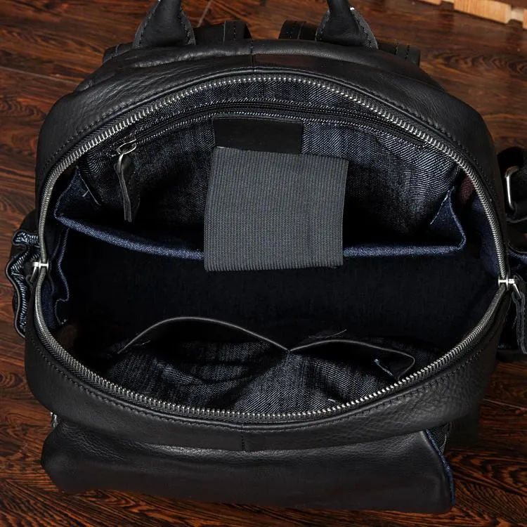 Cool Black Mens Leather 14 inches Computer Backpacks Cool Travel Backpacks School Backpack for men