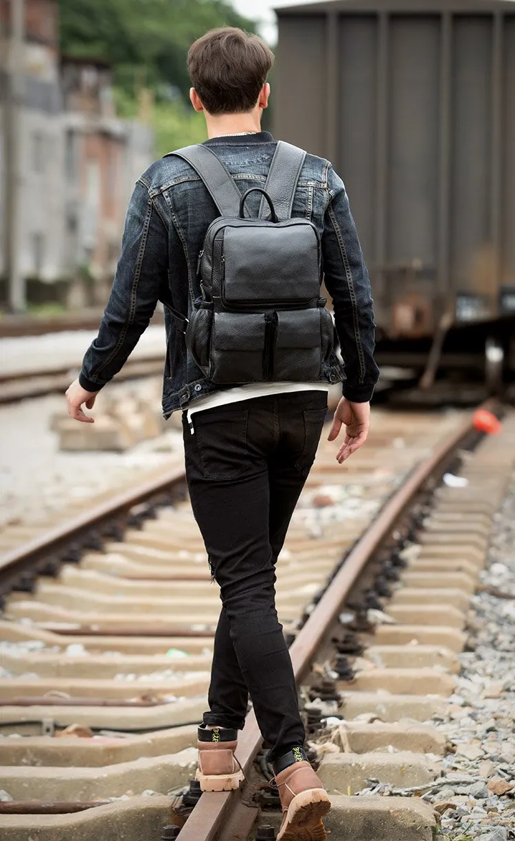 Cool Black Mens Leather 14 inches Computer Backpacks Cool Travel Backpacks School Backpack for men