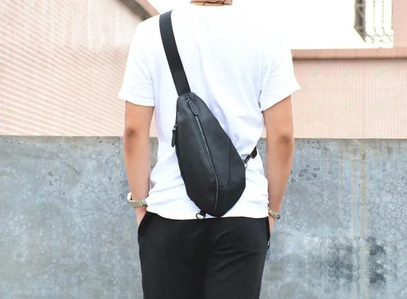 Cool Black Mens Leather One Shoulder Backpack Chest Bag Sling Bag Sling Crossbody Bag For Men