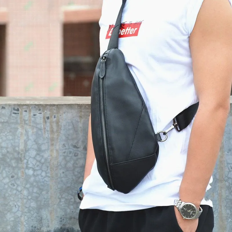 Cool Black Mens Leather One Shoulder Backpack Chest Bag Sling Bag Sling Crossbody Bag For Men