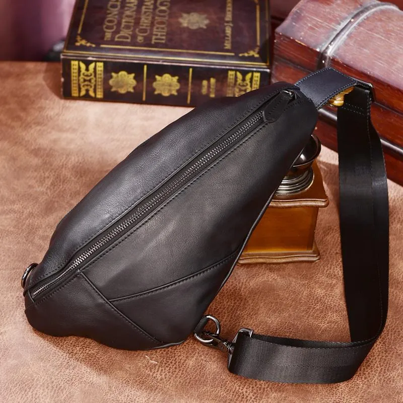 Cool Black Mens Leather One Shoulder Backpack Chest Bag Sling Bag Sling Crossbody Bag For Men