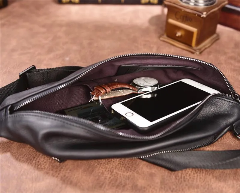 Cool Black Mens Leather One Shoulder Backpack Chest Bag Sling Bag Sling Crossbody Bag For Men