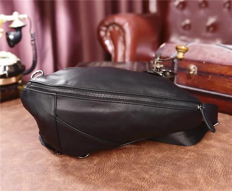 Cool Black Mens Leather One Shoulder Backpack Chest Bag Sling Bag Sling Crossbody Bag For Men