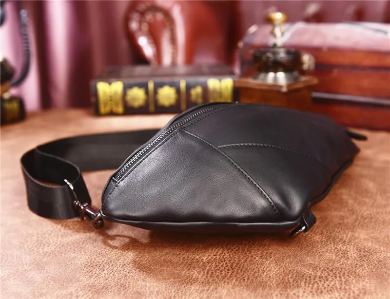 Cool Black Mens Leather One Shoulder Backpack Chest Bag Sling Bag Sling Crossbody Bag For Men