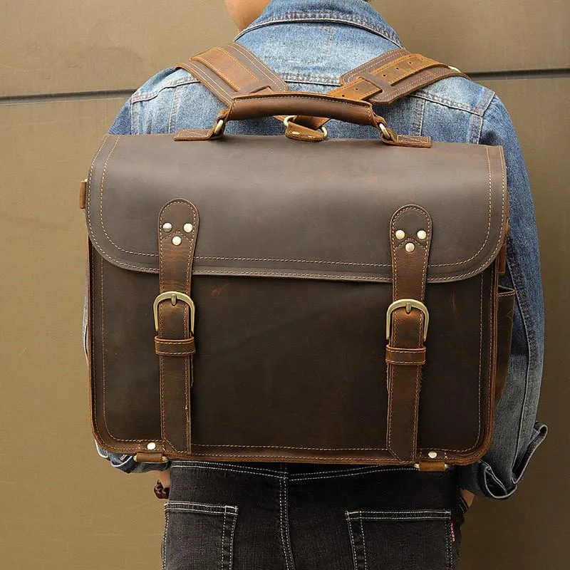 Cool Brown Leather Men's Large 16???? Briefcase Business Backpack Travel Handbag For Men