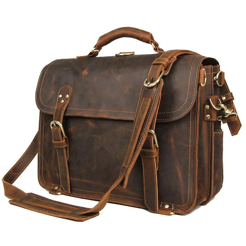 Cool Brown Leather Men's Large 16???? Briefcase Business Backpack Travel Handbag For Men