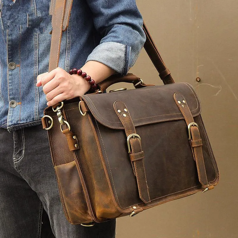 Cool Brown Leather Men's Large 16???? Briefcase Business Backpack Travel Handbag For Men