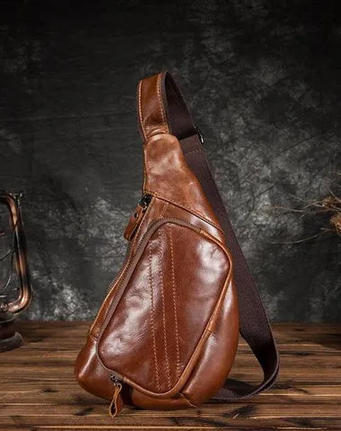 Cool Brown Leather Men's Sling Bag Chest Bag One Shoulder Backpack For Men