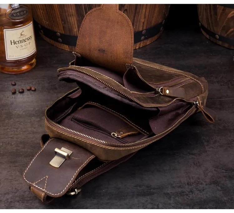 Cool Brown Leather Mens Sling Bag Sling Pack Crossbody Backpack Chest Bag for men