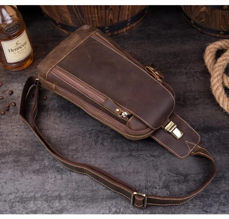 Cool Brown Leather Mens Sling Bag Sling Pack Crossbody Backpack Chest Bag for men