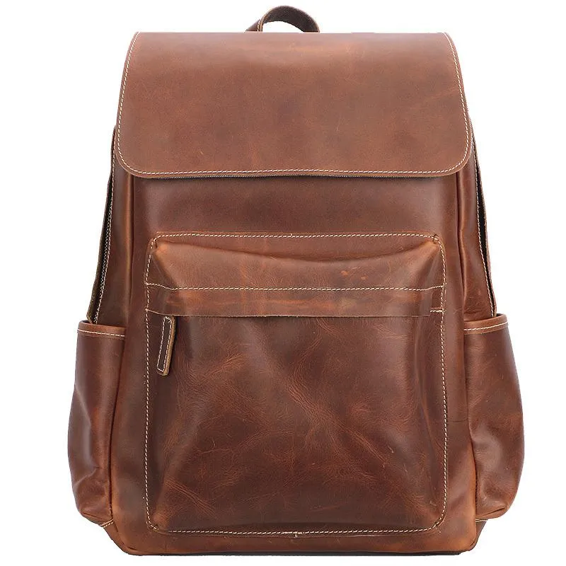 Cool Brown Leather Mens Travel Backpack Work 14'' School Backpack Work Backpack For Men