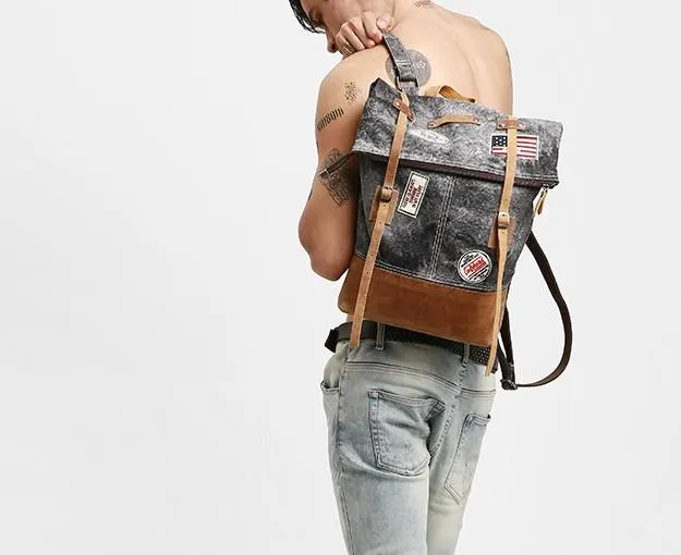 Cool Canvas Leather Gray Travel Bag Mens Backpack Canvas Canvas School Bag for Men