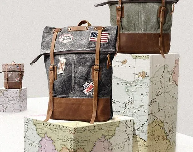 Cool Canvas Leather Gray Travel Bag Mens Backpack Canvas Canvas School Bag for Men