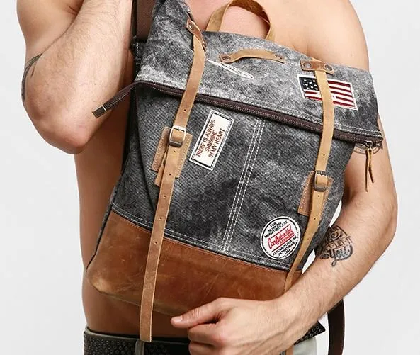 Cool Canvas Leather Gray Travel Bag Mens Backpack Canvas Canvas School Bag for Men
